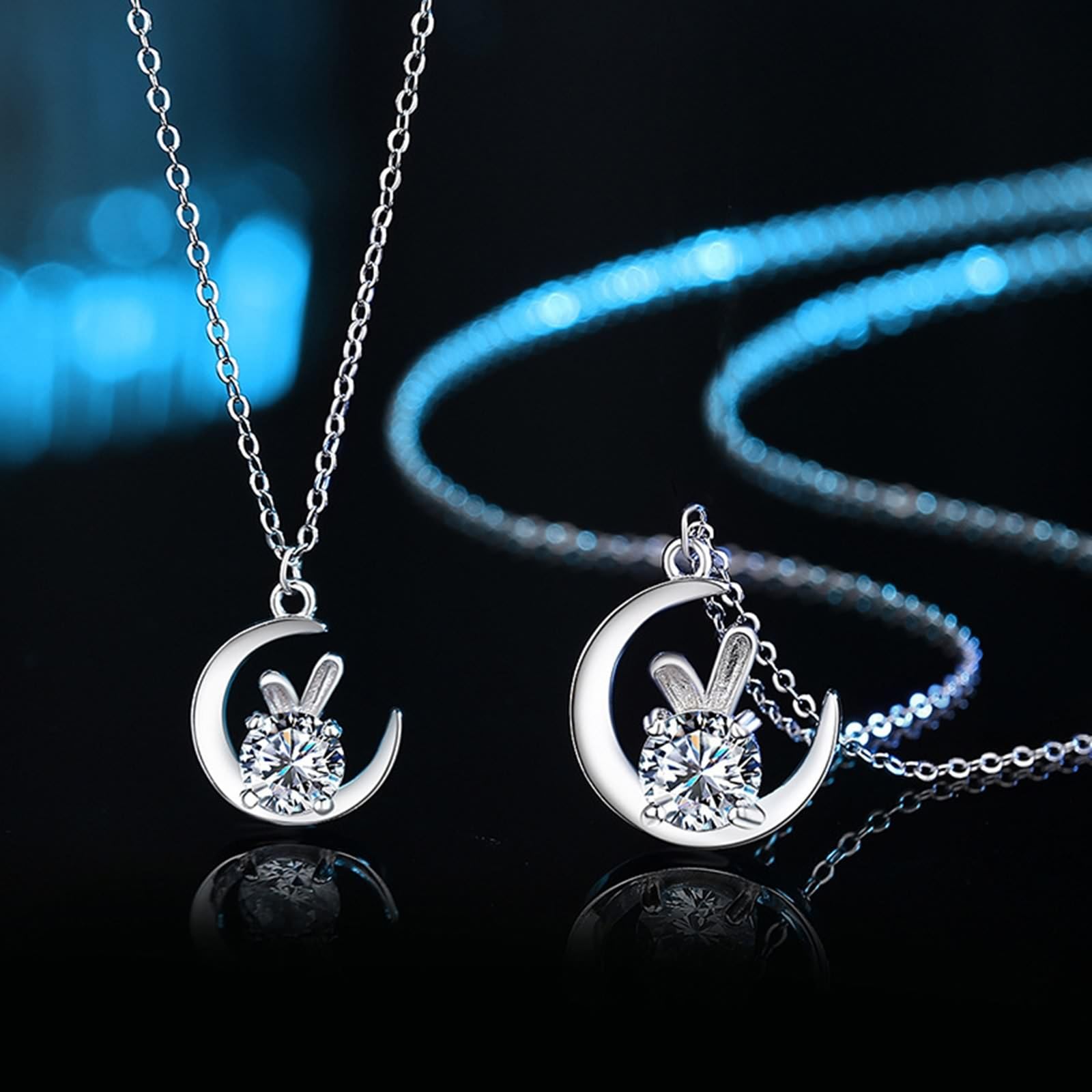 AMDXD Chaîne en or blanc 9 K/14 K/18 K pour femme avec pendentif lune lapin avec moissanite ronde blanche, colliers pour femme en or blanc 375/585/750, 40 + 5 cm
