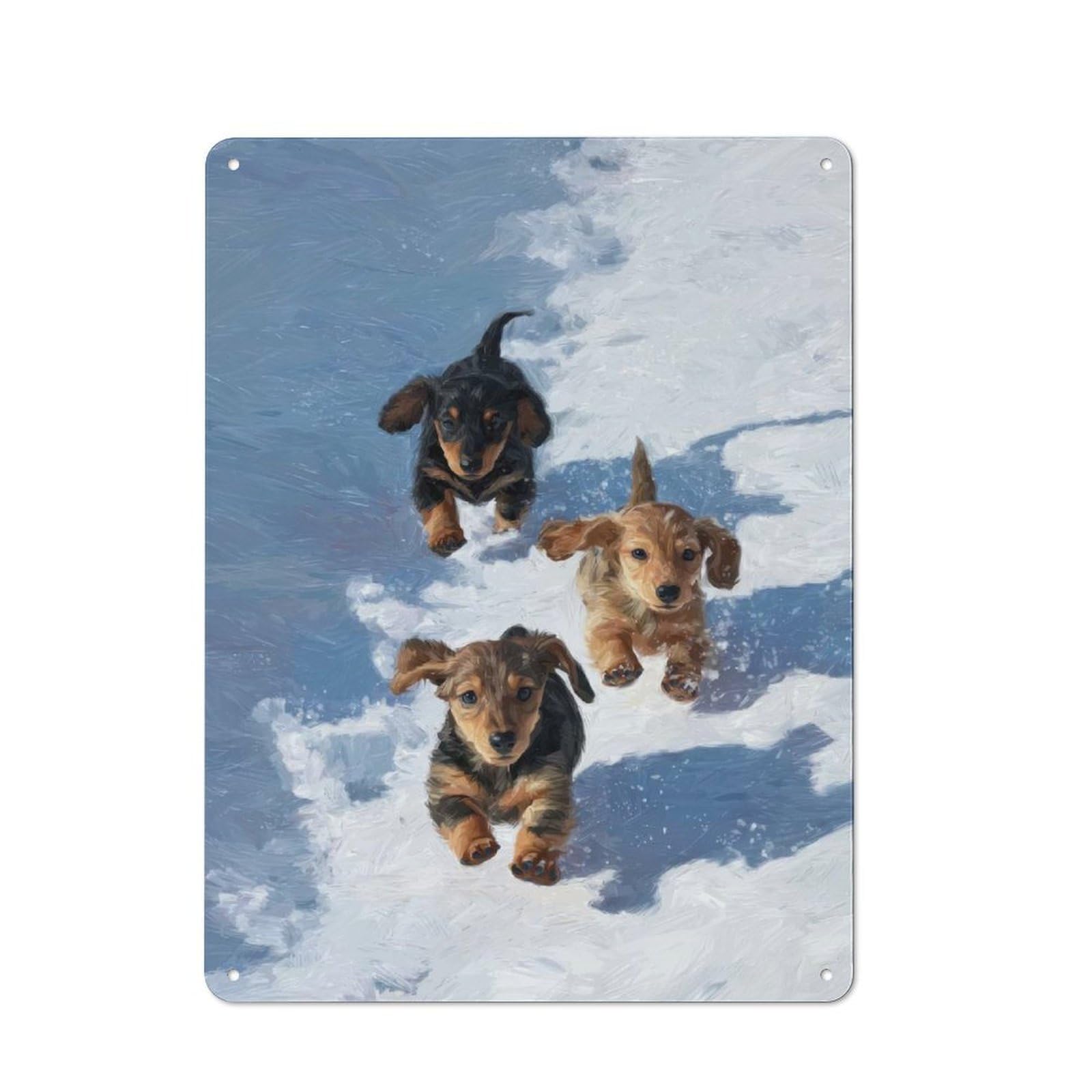 Junmoney Style-8 Metal Sign 40X30cm With Dachshund Puppies Running In Snow For Workshop Wall, Vintage Decor, For Vintage Wall Decor Fans, For Metal Sign Collectors