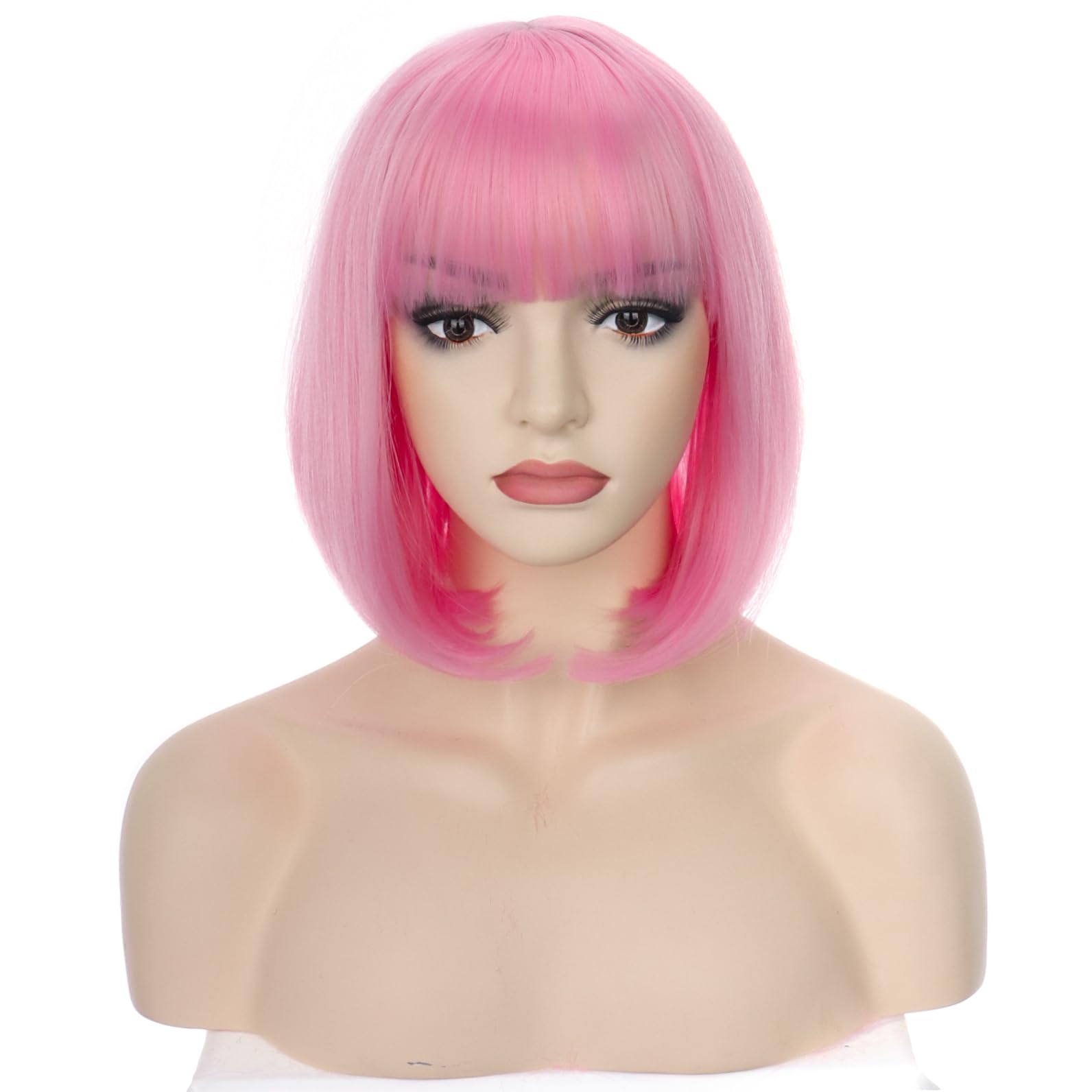 PORSMEER Short Pink Bob Wigs with Fringe For Unisex Womens Natural Synthetic Hair Colorful Costume Cosplay Wig for Anime Halloween Fancy Dress Party+Wig Cap,rosa - Image 2