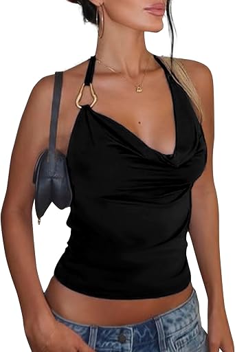 sedmoda Women Sexy Halter Cowl Neck Tops Backless Ring Linked Cami Crop Tops Summer Going Out Tops