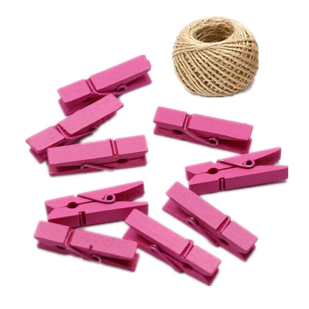 Zhiheng Rose 100 Colored Wooden Large Pegs 45Mm Clothespins Craft Photo Clips With 20 Meters Jute Twine For Craft Rustic Decoration(Rose)