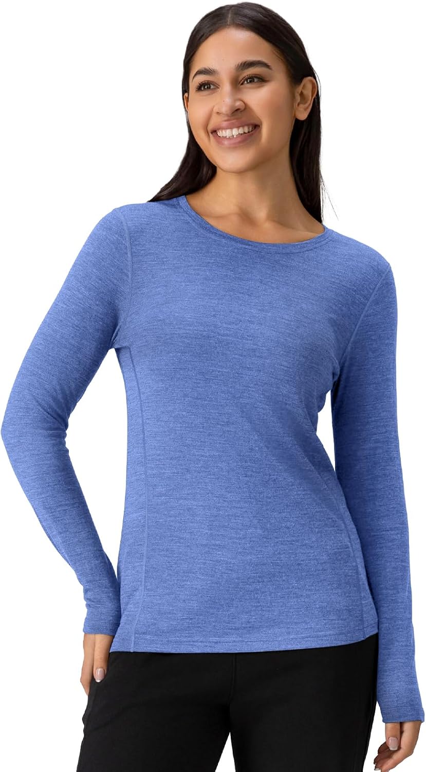 Merino Protect 100% Merino Wool Base Layer Women Temperature-Regulating Long Sleeve Thermal Striped Shirt for Hiking Travel