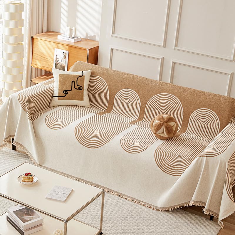 Boho Sofa Cover Throw Blanket, Cream and Tan, Geometric Pattern