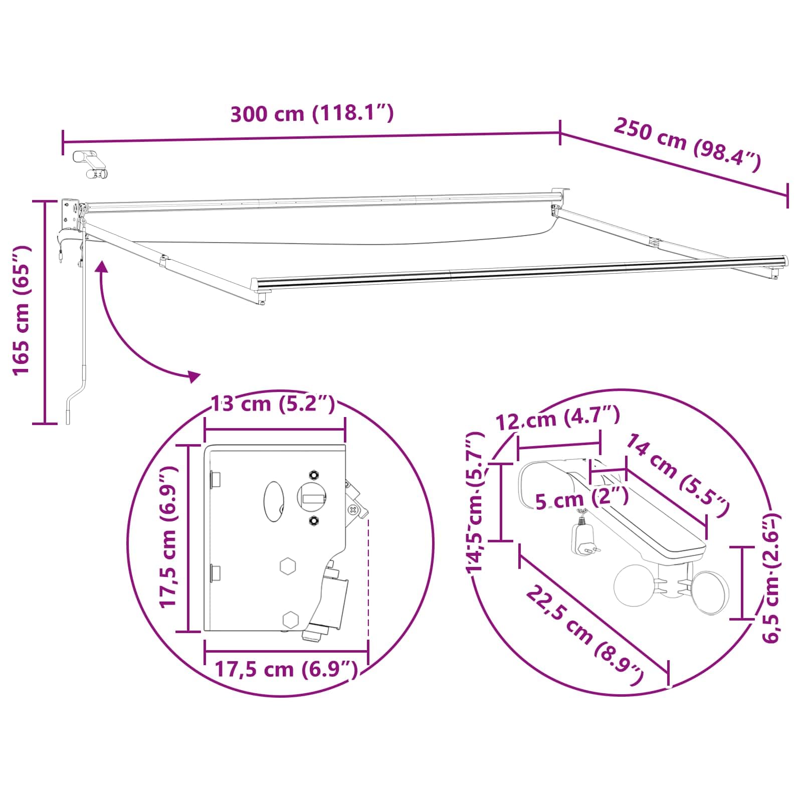 Toldo eléctrico extensible blanco 3 x 2,5 m con sensor de clima LED, marco de aluminio, protección solar, protección contra el viento, impermeable para jardín, balcón, terraza, exterior