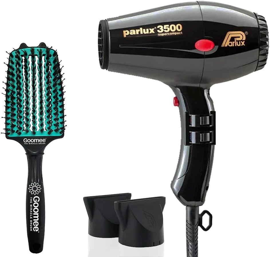 Parlux 3500 Super Compact Black Hair Dryer with Miracle Large Detangling Brush Mint Green – Lightweight Professional Blow Dryer and Dual Bristle Brush for Smooth, Tangle-Free Hair