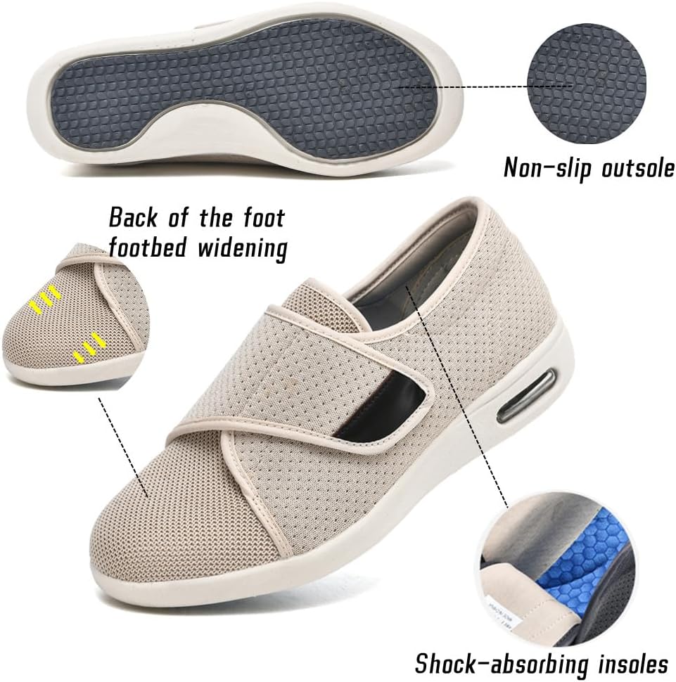 Women's Diabetic Shoes with Adjustable Closure Wide Width Edema Shoes Non-Slip Elderly Swollen Feet Walking Sneakers Beige - Image 4