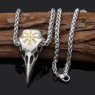Norse Viking Raven Skull Necklace Nordic Scandinavian Helm of Awe Symbol Stainless Steel Talisman Pendant Jewelry for Men, Vintage Viking Gift