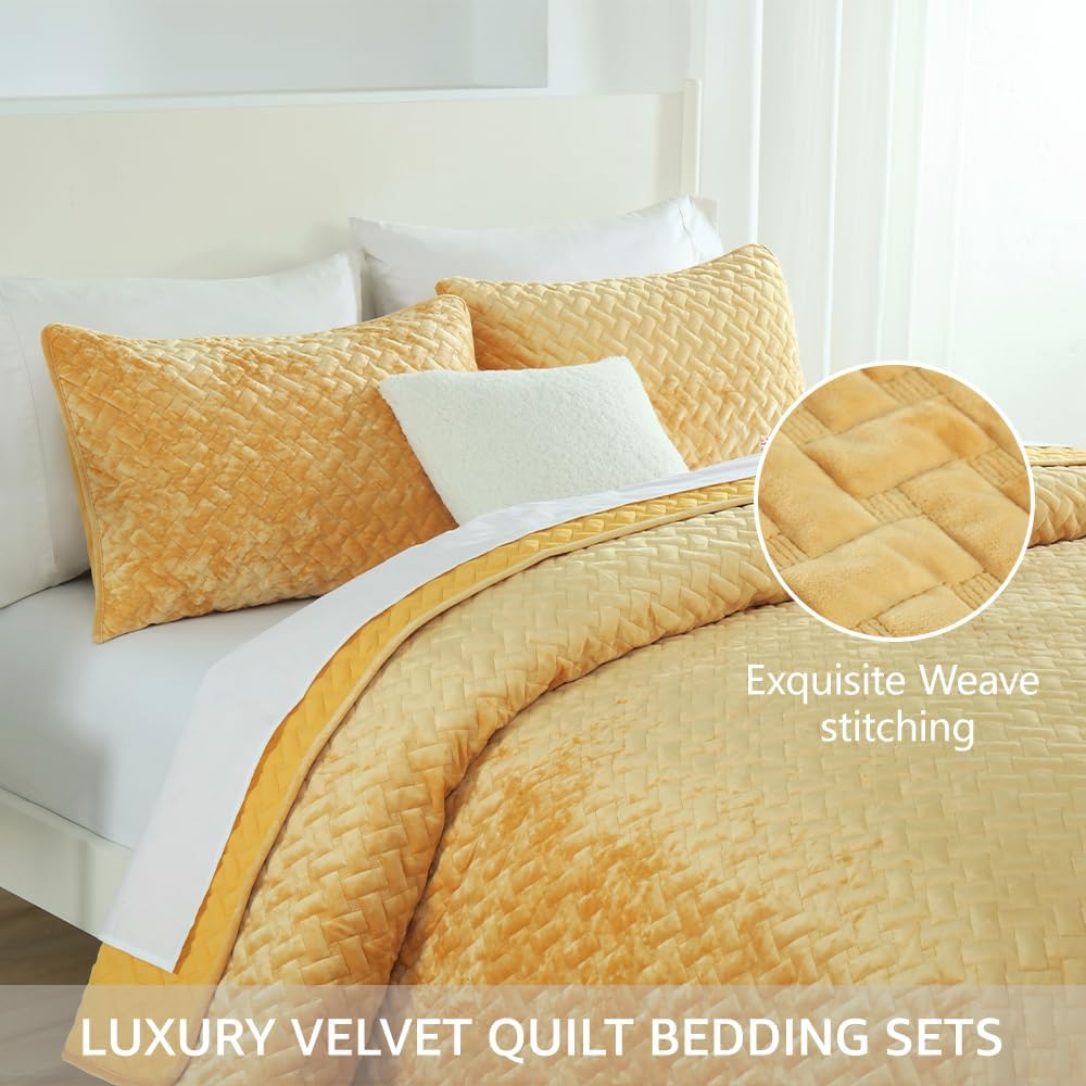 Velvet Bedspread Quilt Bedding Sets,Luxury Elegant Ultra Soft Velvet Comforters Coverlet Blankets,Weave Stitching Pattern Cotton Quilted Bedspread for All Seasons,Yellow,King Size | Breathable material, Luxury soft velvet, Soft and durable, All seasons, Machine Waschable, Cotton bedspread - Image 3
