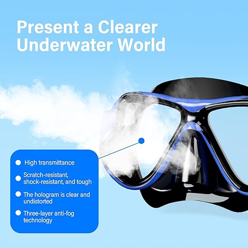 Miniatura 5 de Equipo de esnórquel para adultos, juego de máscara de esnórquel de vidrio templado de 180 grados, gafas antivaho con parte superior seca, máscara de