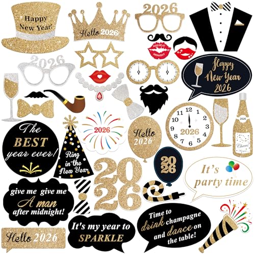 Katchon, Glitter New Years Photo Booth Props - Pack of 35 | NYE Photo Booth Props for New Years Eve Party Supplies 2026 | New Years Decorations 2026 | New Year Photo Props for NYE Decorations 2026