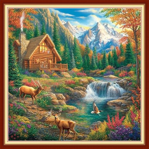 Image of Joyhoor Cross Stitch Kits for Beginners Stamped Cross-Stitch Supplies Needlework preprint Embroidery Kits for Adults DIY Needlepoint Kits Embroidery Patterns 11CT-Forest Home 18x18 inchs