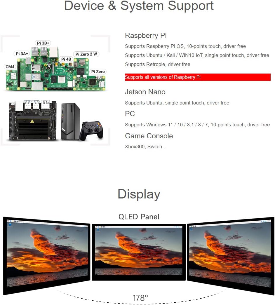waveshare 15.6inch QLED Display Compatible with Raspberry Pi 5/4B/3B+/3B/2B/B+/A+/Zero/Zero W/WH/Zero 2W 1920 × 1080 Resolution 10 Points Touch Supports Jetson Nano and Windows 11/10/8.1/8/7