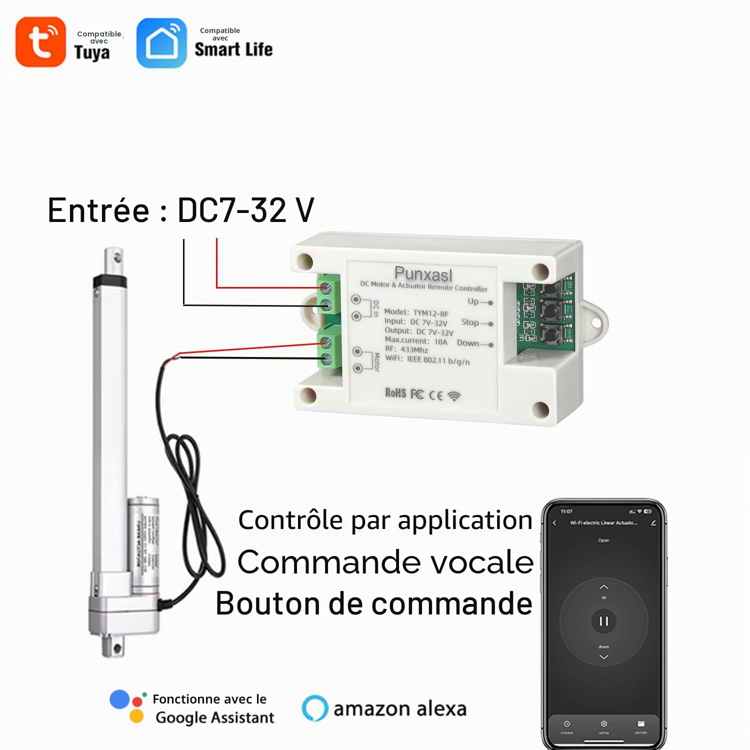 Contrôleur WiFi pour vérin linéaire électrique, interrupteur intelligent pour moteur DC, relais marche avant et arrière, application Smart Life, compatible avec Alexa et Google Home, DC12V 24V 32V