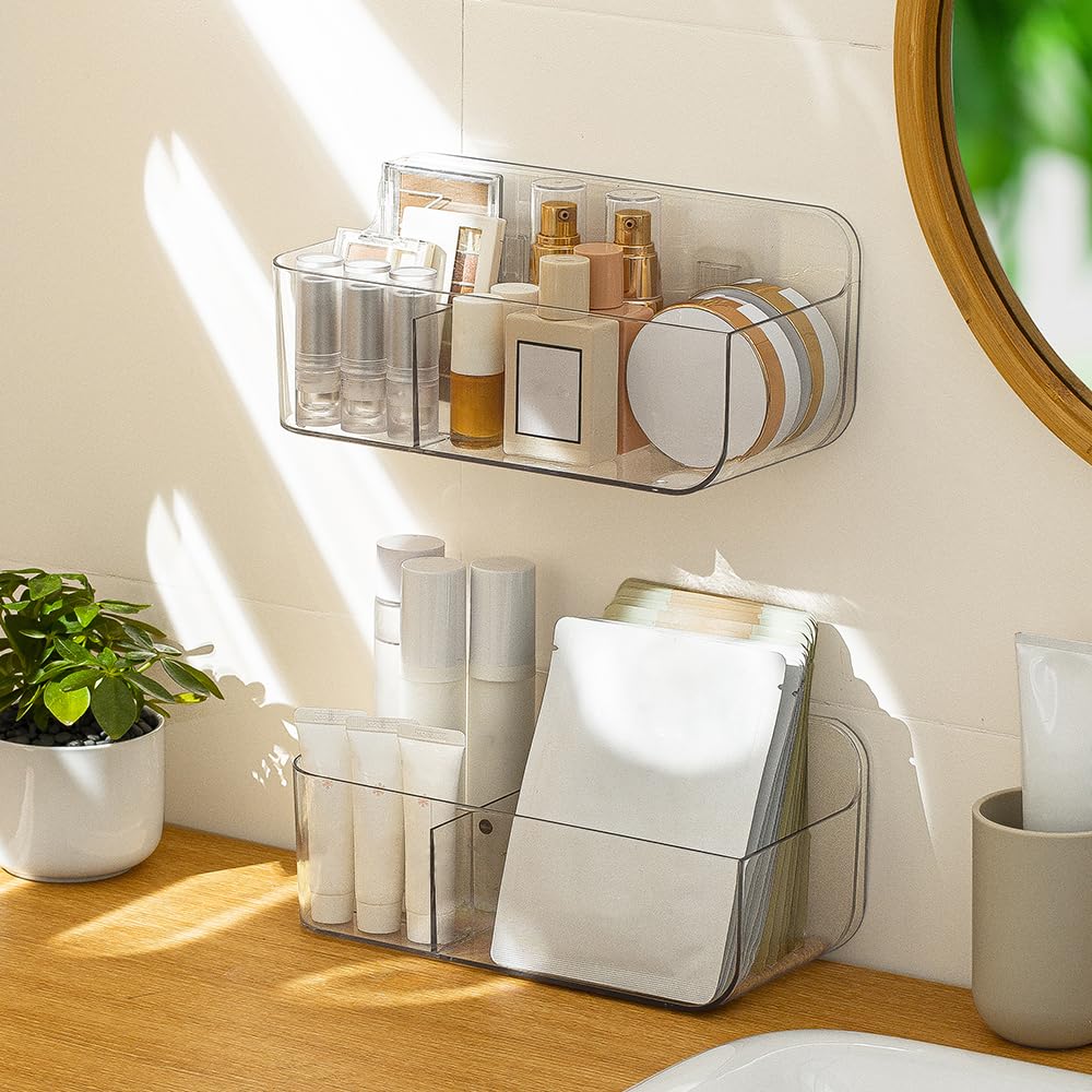 Paquete de 2 organizadores de almacenamiento de montaje en pared, cesta de almacenamiento transparente con 3 compartimentos, sin taladrar, colgar paredes/puertas para cocina, gabinete, baño, 3