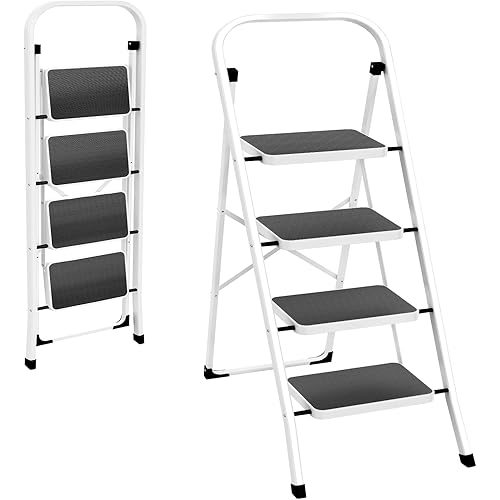 HBTower Step Ladder 4 Step Folding Ladder, Lightweight Portable Stepladder with Anti-Slip Pedal, Ladders with Convenient Handrails,330 lbs Capacity Step Stool for Kitchen, Home,White
