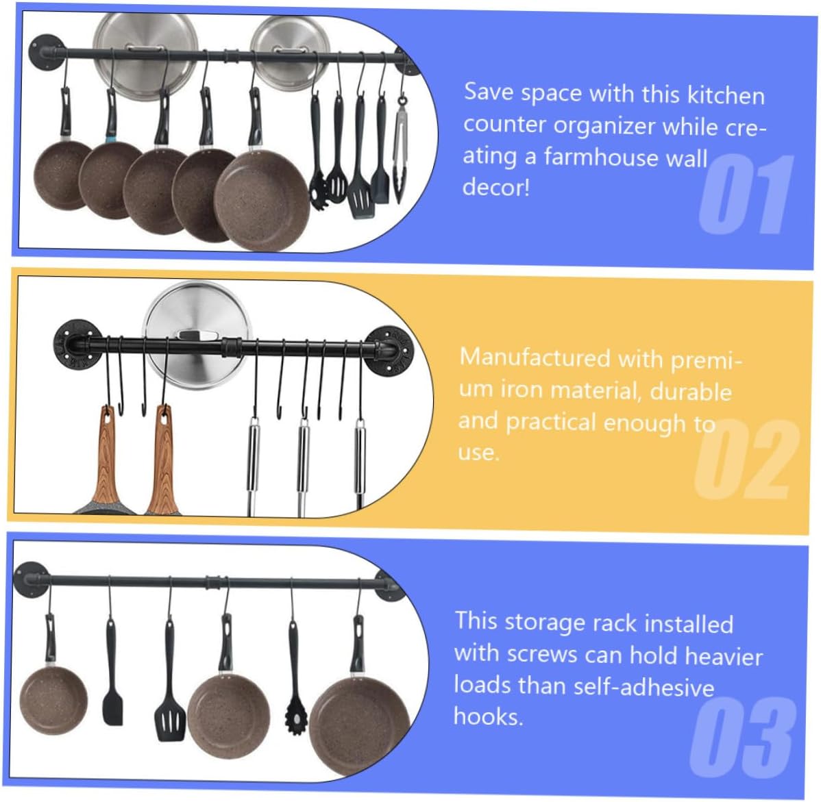 VOSAREA Wall Mount Pot Rack with Hooks, Iron Kitchen Utensil Hanger and Pan Organizer 13x60cm for Wall Storage and Hanging Cookware