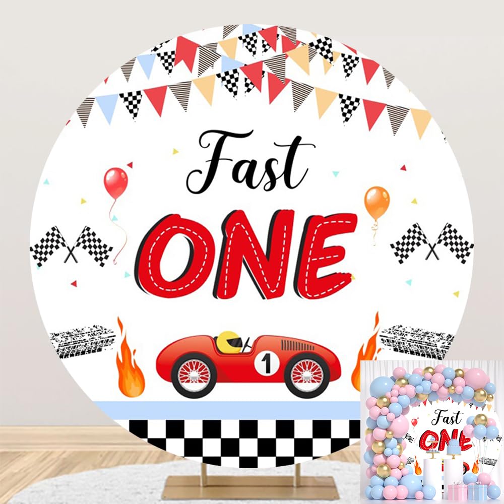 Leowefowa 7.2x7.2ft Polyester Fast One Birthday Arch Round Backdrop Racing Car 1st Birthday Circle Round Photography Background Boys Baby Shower First