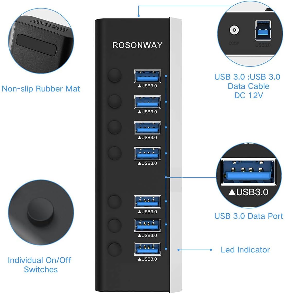 USB Hub 3.0 Powered Rosonway Aluminum 7 Ports USB 3.0 Data Hub Splitter with 24W (12V/2A) Power Adapter and Individual On/Off Switches USB Port Expander for PC and Laptop (RSH-A37S) (Pack of 2)