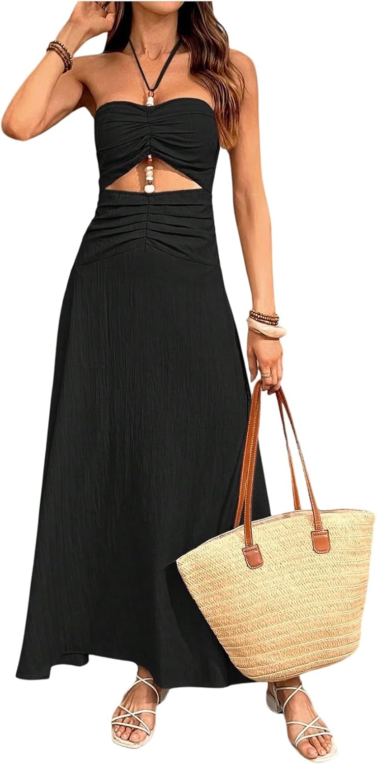SOLY HUX Women's Halter Maxi Dress Summer Ruched Cut Out Beaded Flowy Dresses Beach Vacation Clothes