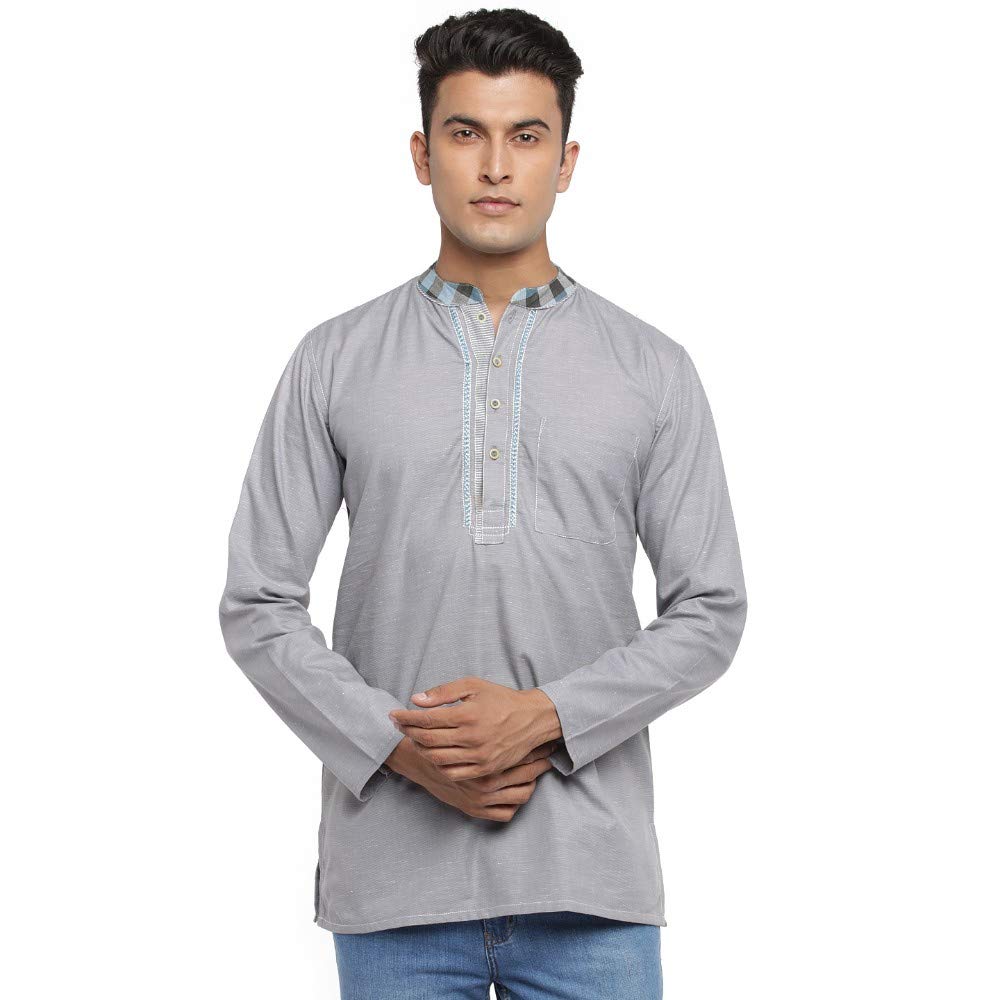 ARCH ELEMENTS Short Kurta for Men - Color: Ash Grey | Fabric: Cotton | Round Neck | Full Sleeves | Slub Texture Embroidery Traditional Kurta