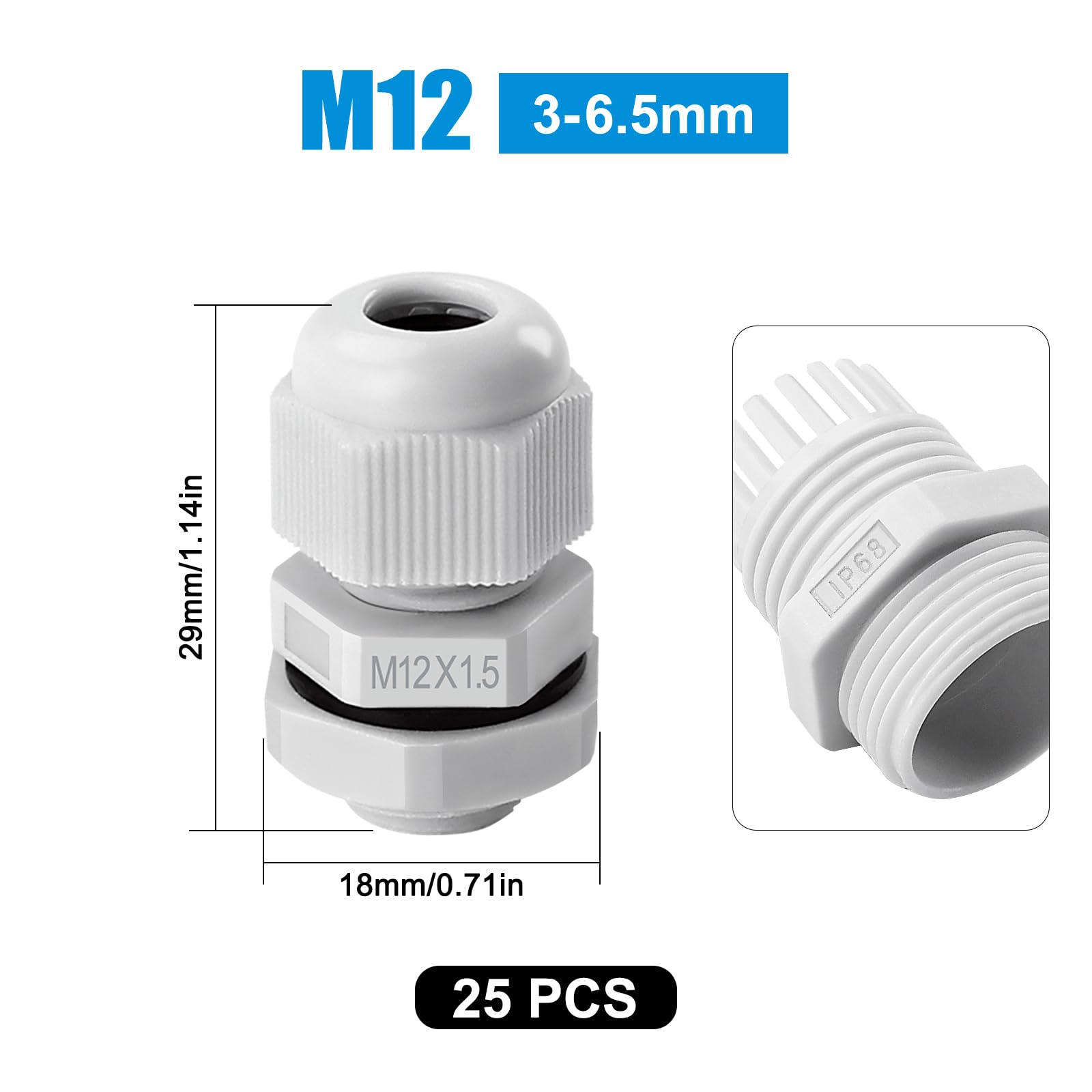 25 Sztuk M12 Dławików Kablowych, Nylonowy Wodoodporny Dławik Kablowy IP68 do Kabli 3-6.5 mm, Biały