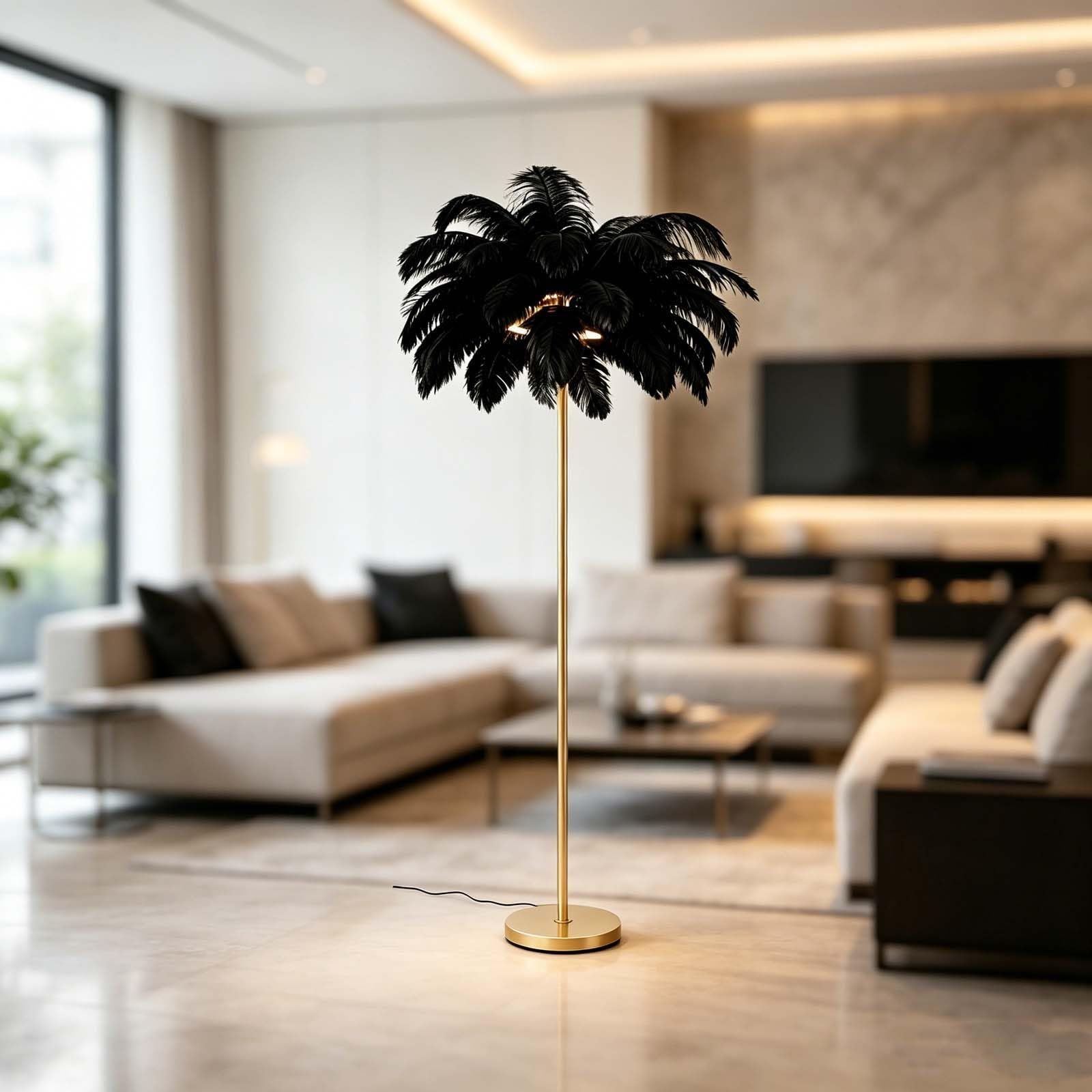 Lámpara de pie de plumas de avestruz color negro para iluminación de salón