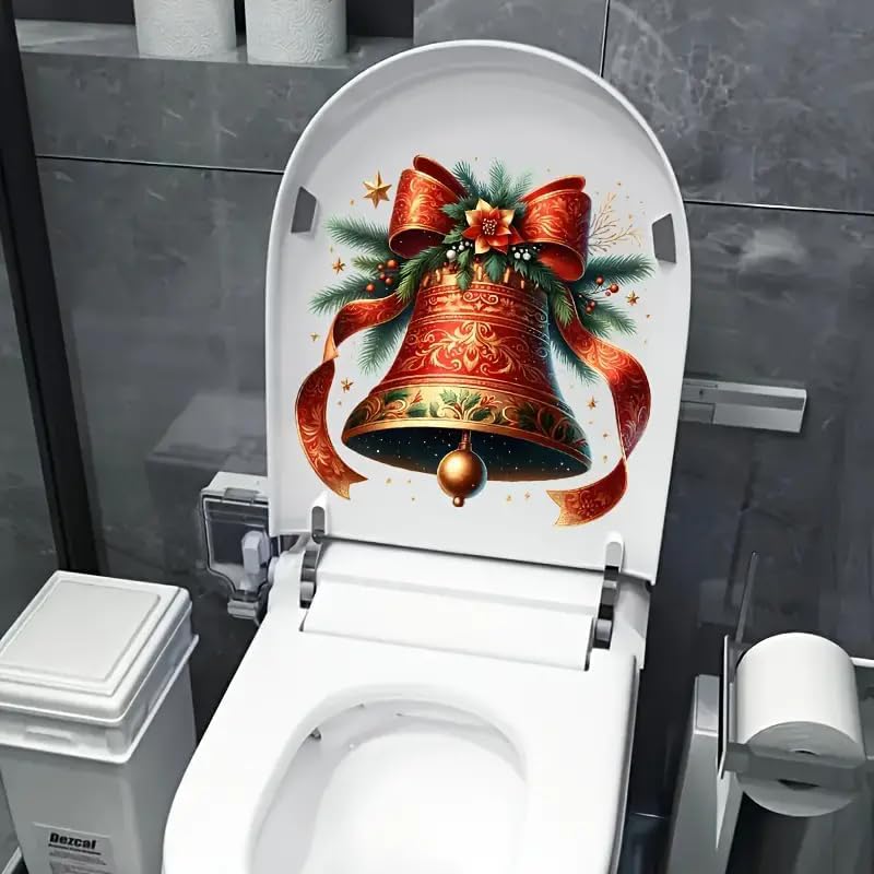 Christmas Bow Bell Toilet Cover Sticker Decals,Fish Bird Flower Leaf Waterproof Toilet Lid Tank Seat Decals Cistern Self-Adhesive Bathroom Wall Sticker