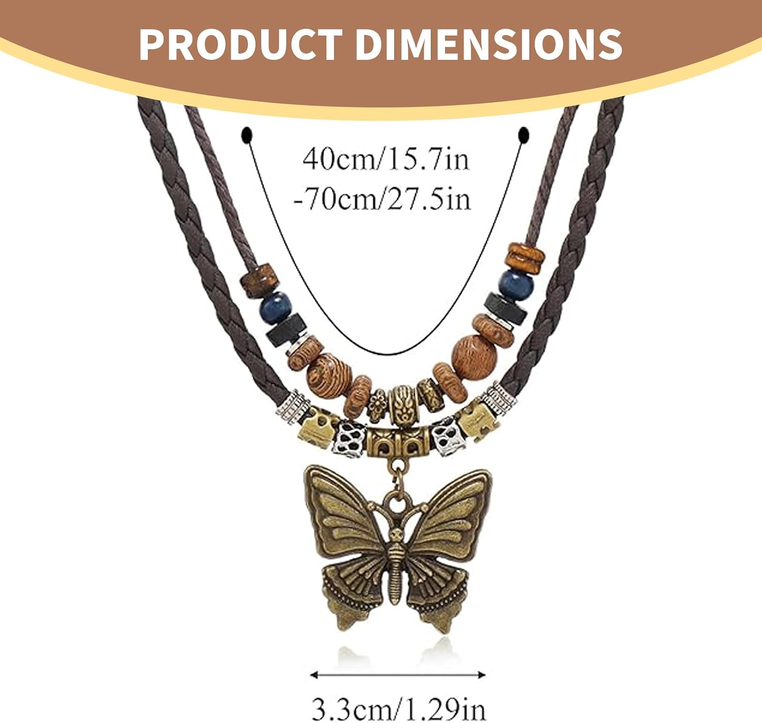 Boho Necklace for Women,Vintage Butterfly Pendant Necklaces,Adjustable Wooden Beads Layered Braided Choker,Fashion Tribal Style Leather Rope Necklace Jewelry,Chunky Statement Gift for Women