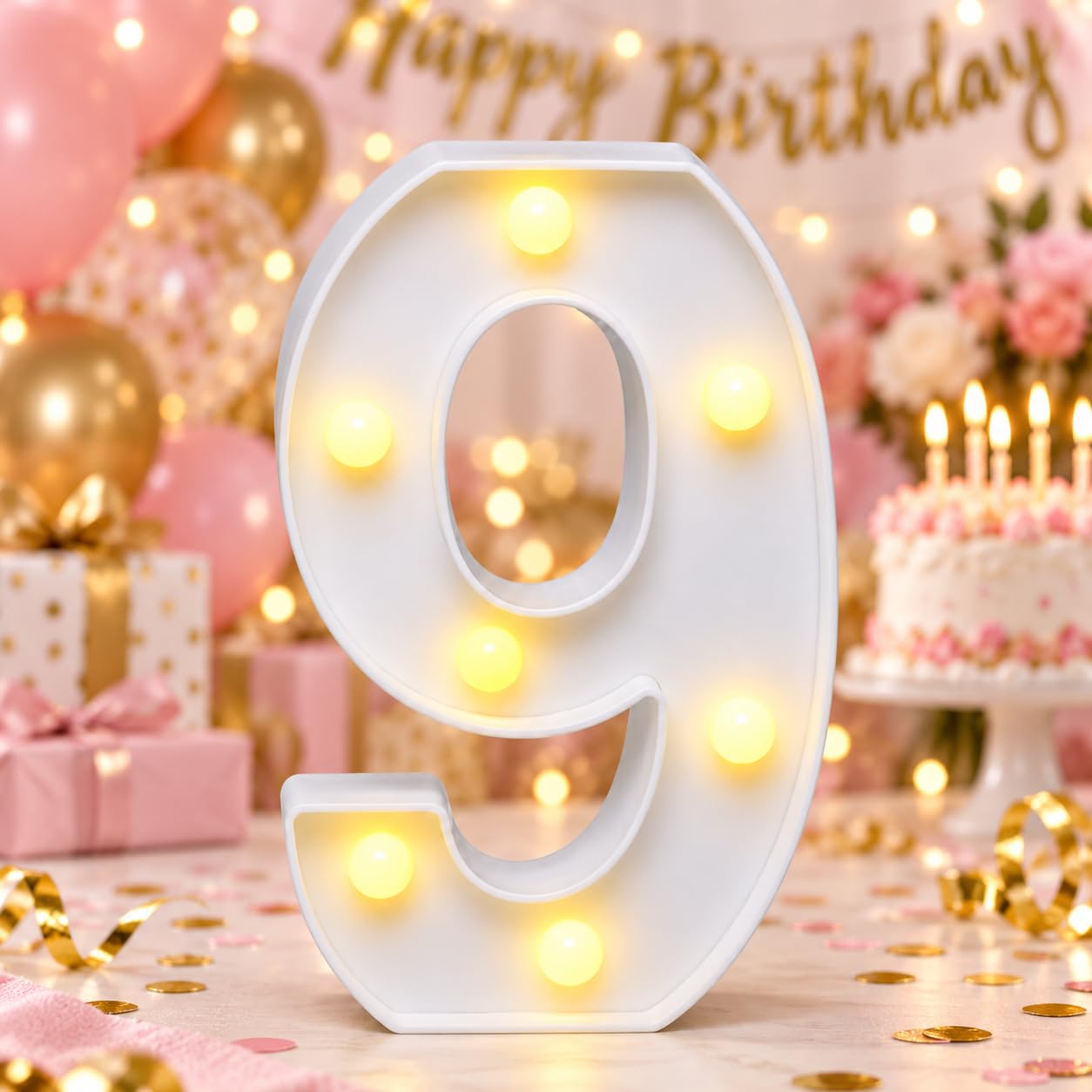 Light Up Number 9 for Birthday Decorations, Warm White LED Number Light