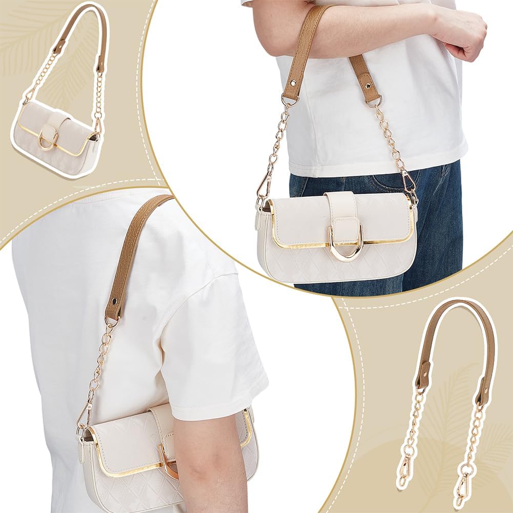 PH PandaHall 2pcs Leather Purse Strap with Gold Chain 23 inch Replacement Shoulder Straps, Camel Purse Handles Metal Chain Handles Strap Replacement for Shoulder Bags DIY Crafts
