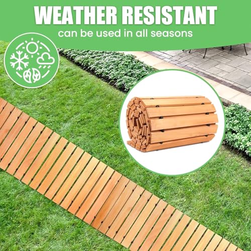 funrautz 12ft Wooden Garden Pathway Outdoor Roll Out Walkway Portable Cedarwood Boardwalk Flexible Garden Trail Non Slip Weather Resistant Wood walkways for Yards Patio Lawn Beach 1 Set