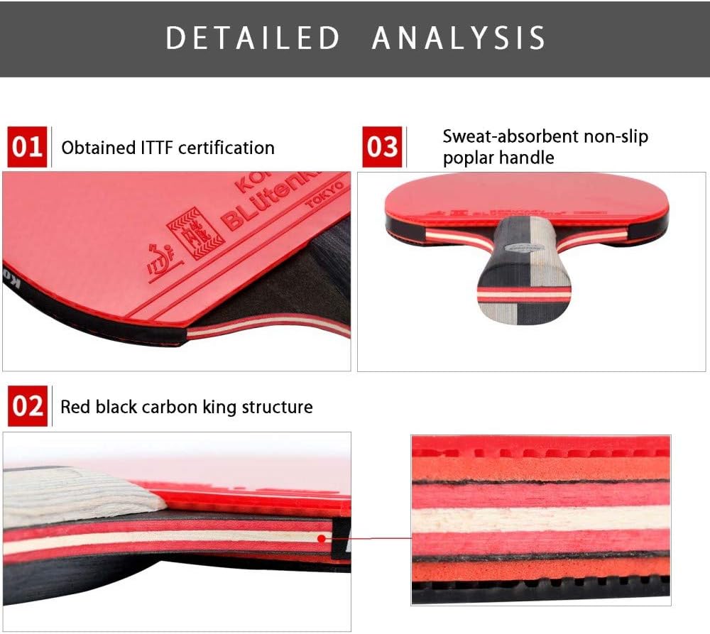 Lerten 卓球ラケット プロフェッショナル トレーニング ピンポン パドル レッド ブラック カーボン キング ストラクチャー