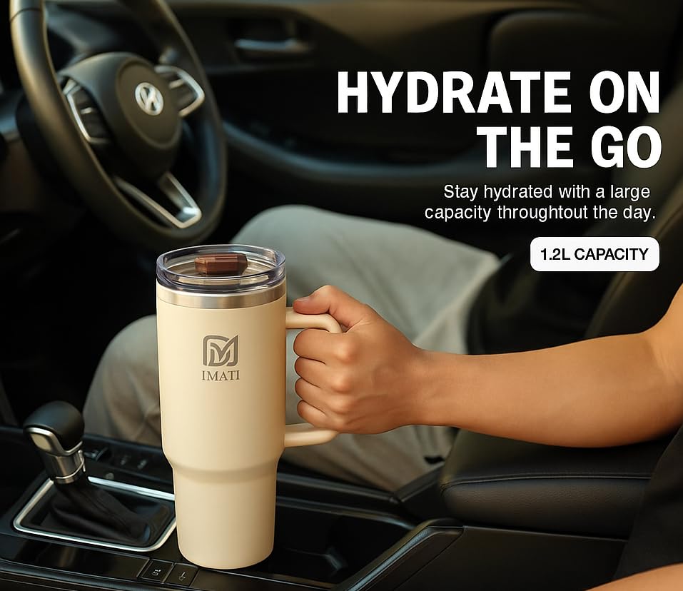 Image of 40oz Tumbler with Side Handle 1.2L | Insulated Stainless Steel Sipper Water Bottle for Adults with 2 Flip Straws Lid 2 Straws & Cleaning Brush Inclued Leakproof Lid for Office & Gym (BONE WHITE)