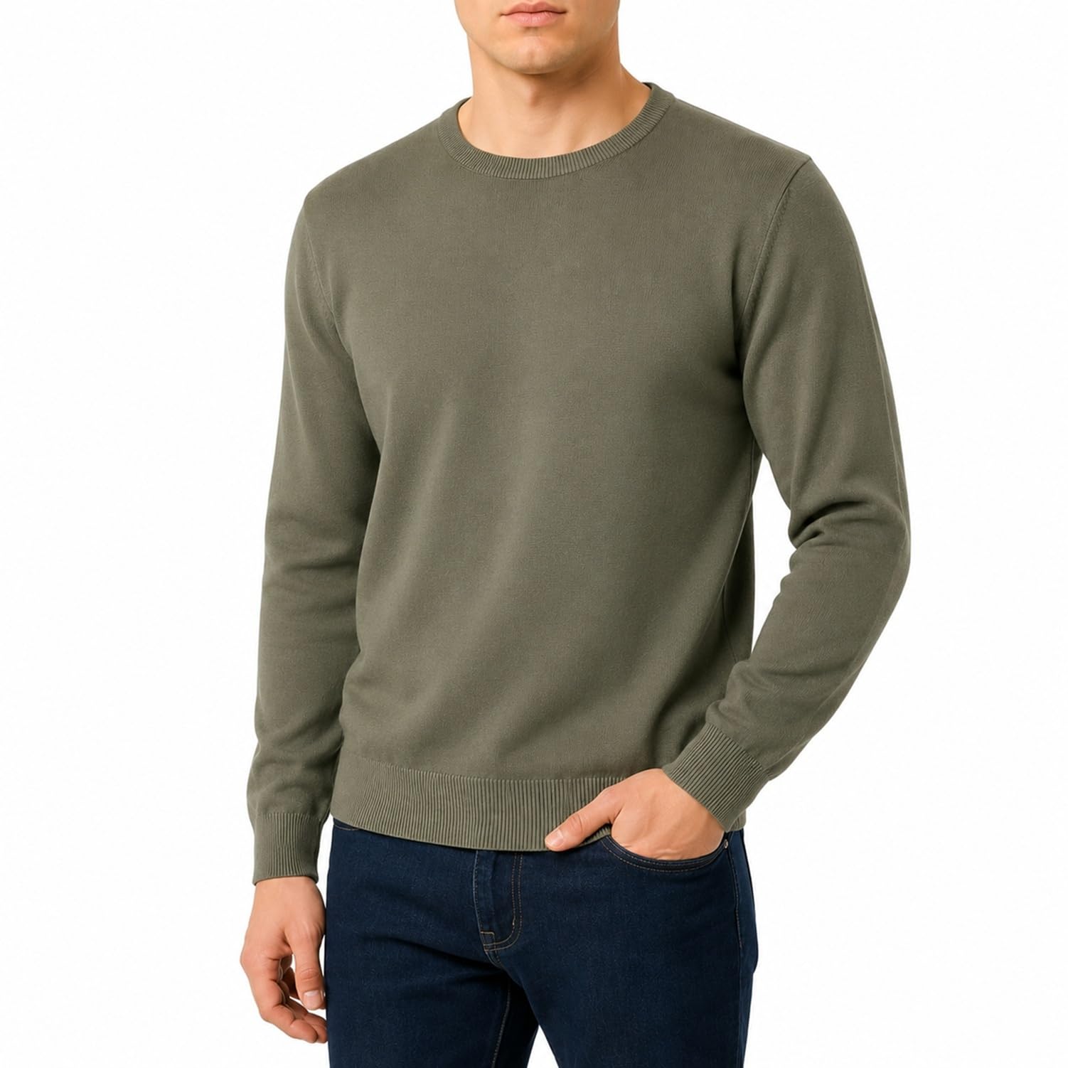 Castle Point Men's Cotton Crew Neck Jumper Knitted Sweater, Khaki, XXL