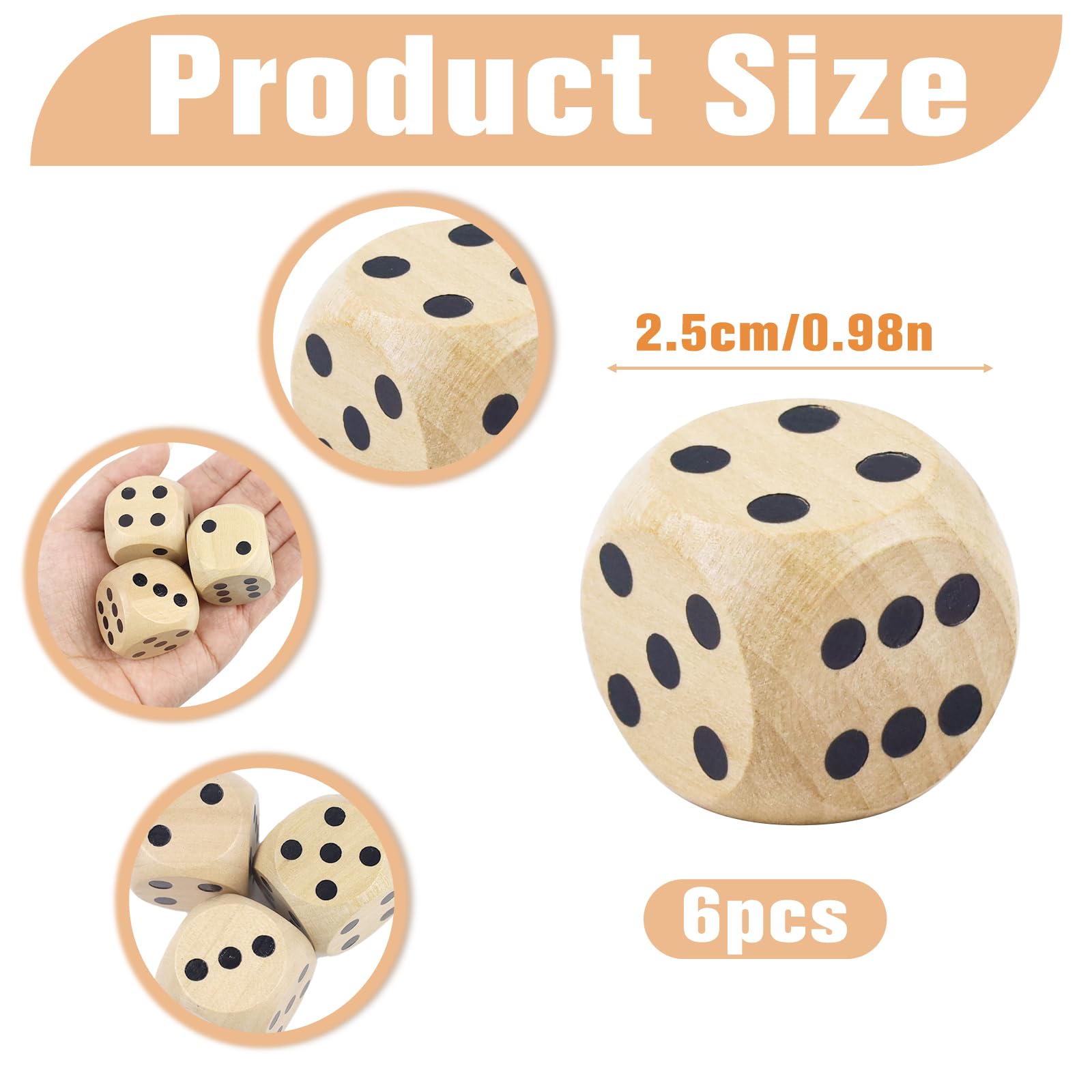 Grand Jeu de Dés en Bois 6 Pièces 25 mm D6 Cubes Naturel pour Jeux de Table