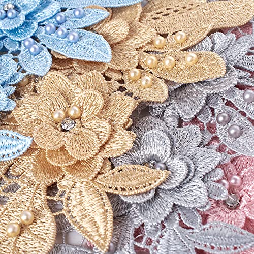 1 Pair 3D Lace Applique, Sew On Flower Bead Patches Embroidery Floral Motif Beaded Rhinestones Lace Trim Fabric Pearl Appliques For Sewing Wedding Bride Dress Veil Clothes Decoration (Silver) #TOP4