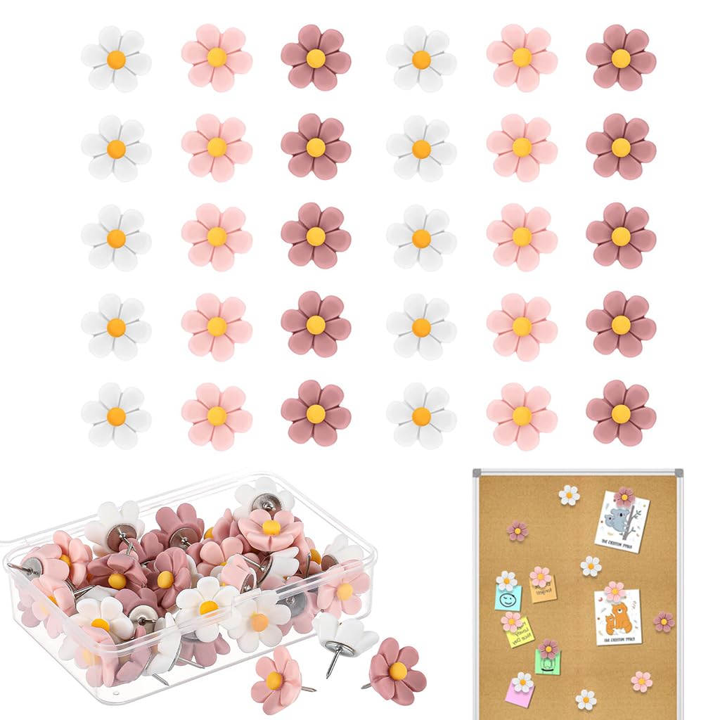 Zibuyu 30Pcs Flower Board Pins for Cork Bulletin Display & Bulletin Board | Decorative Flower Design, for Photos, Notes and Reminders, Cork Board Display, Home Office Organization