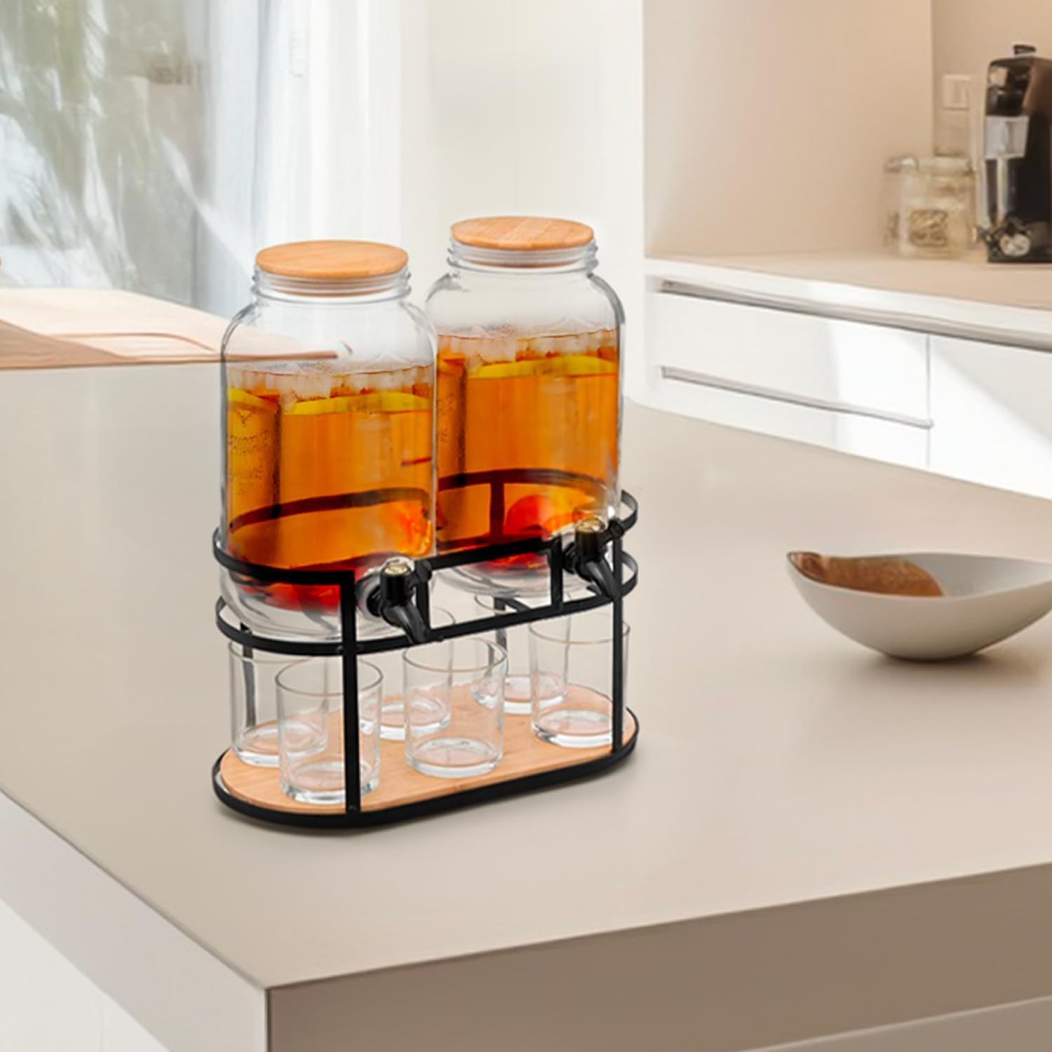 Avilia Dispenser con rubinetto, Fontana Di Vetro Per Bevande con capacità di 6,6L con Supporto in Metallo e 6 Bicchieri