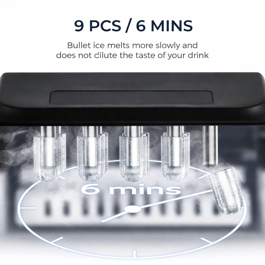 Portable Countertop Ice Maker Machine with Handle, 6-Minute Fast Ice Production, 26 LBS Daily Output, Bullet Ice Cubes, Quiet Operation, Auto-Clean, Compact Ice Maker for Home RV Party Camping