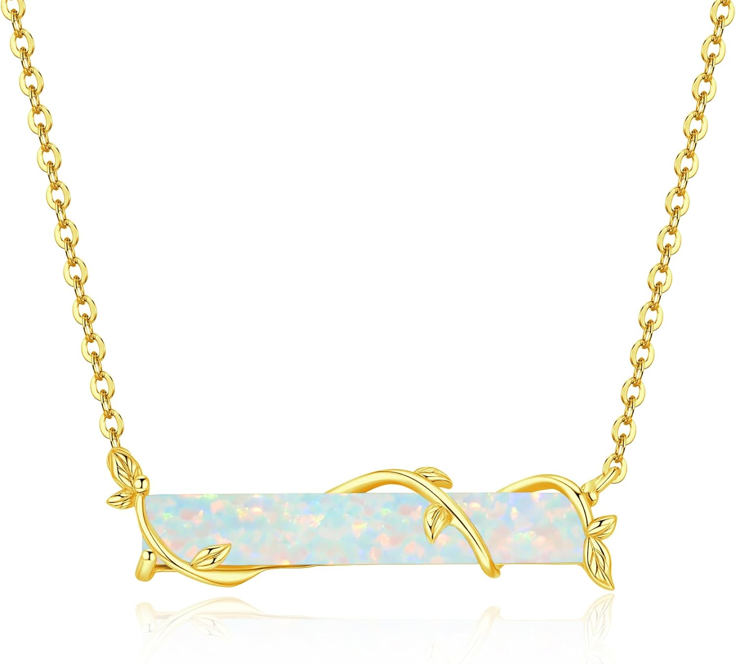 CiNily Bar Necklace Leaf Bar Pendant for Women Teen, Opal Pendant Necklace with Adjustable Chain White/Blue Opal Jewelry Gift, 14K White Gold | Yellow Gold