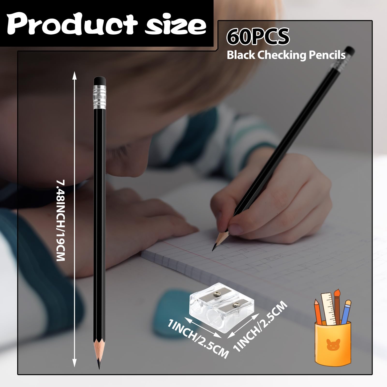 60 matite colorate cancellabili con gomma pre-temperate, 2 HB per controllo, classificazione, test e forniture per ufficio/scuola (nero)