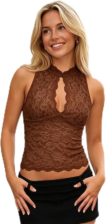 Women Floral Lace Tank Tops Keyhole Mock Neck Skinny Sheer Crop Top Vest Going Out Streetwear