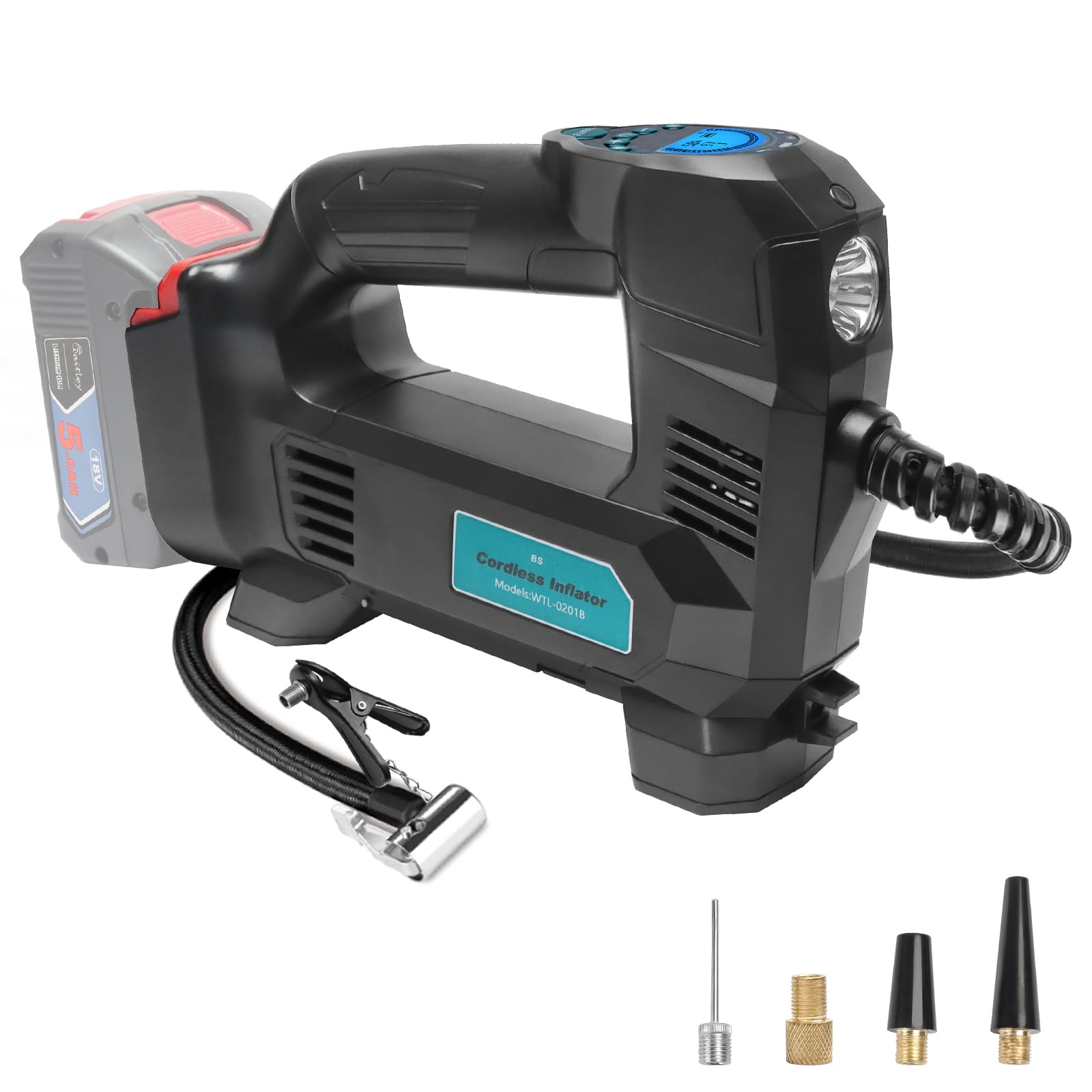 Waitley Akku-Luftkompressor für Bosch 18V Akkus – max. 11 bar, tragbare Akku-Luftpumpe mit digitalem Manometer für Auto, Motorrad, Fahrrad & Bälle