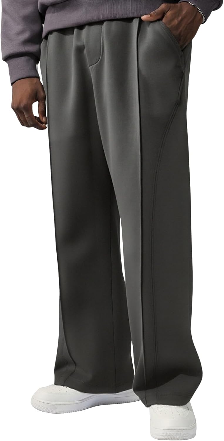 Fioboc Men's Baggy Sweatpants Wide Leg Pants Drawstring Elastic Waist Curved Design Casual Pants with Pockets