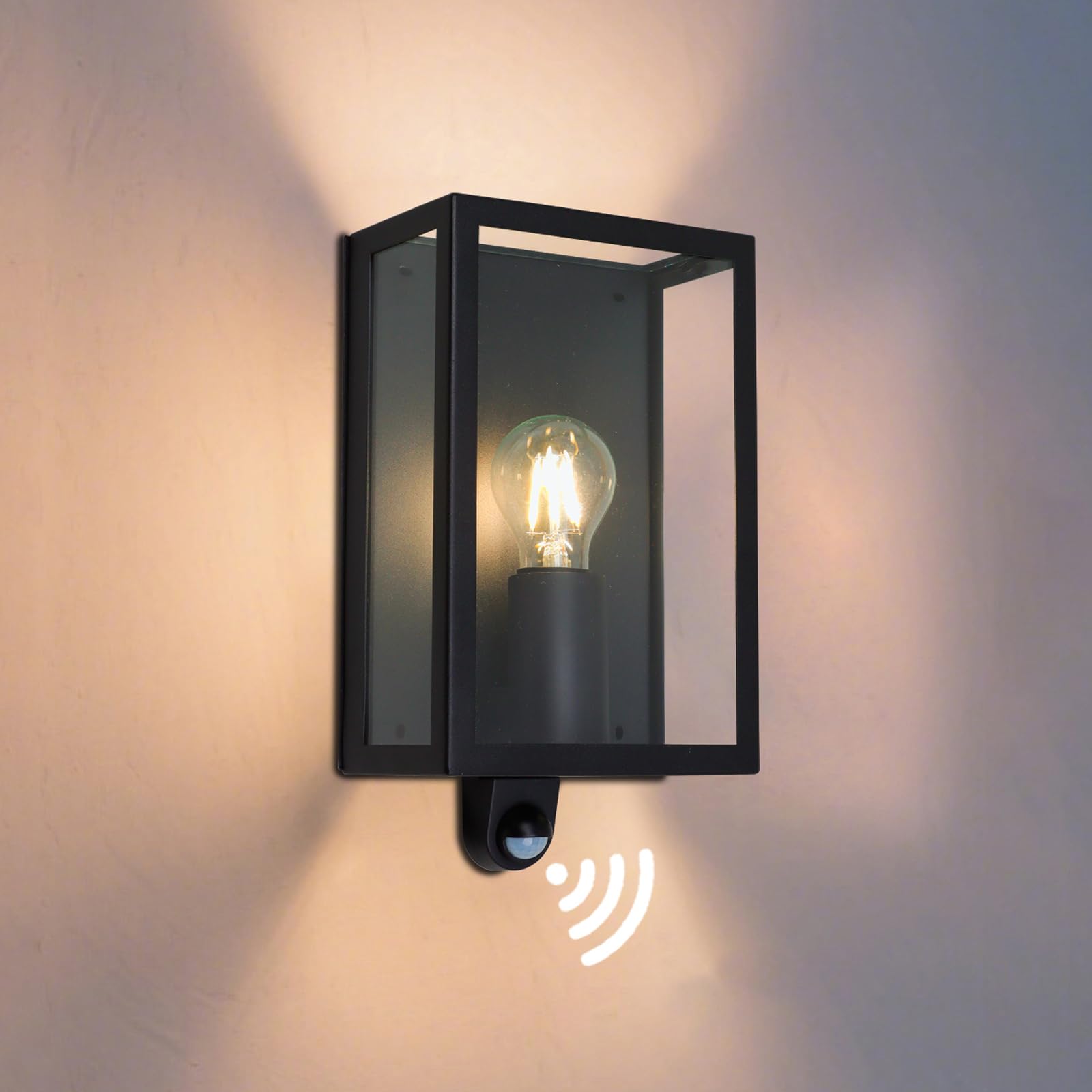 Applique da parete esterna E27 25W con sensore di movimento, IP65 impermeabile, lampada da esterno per giardino terrazzo e balcone, nero metallico senza lampada