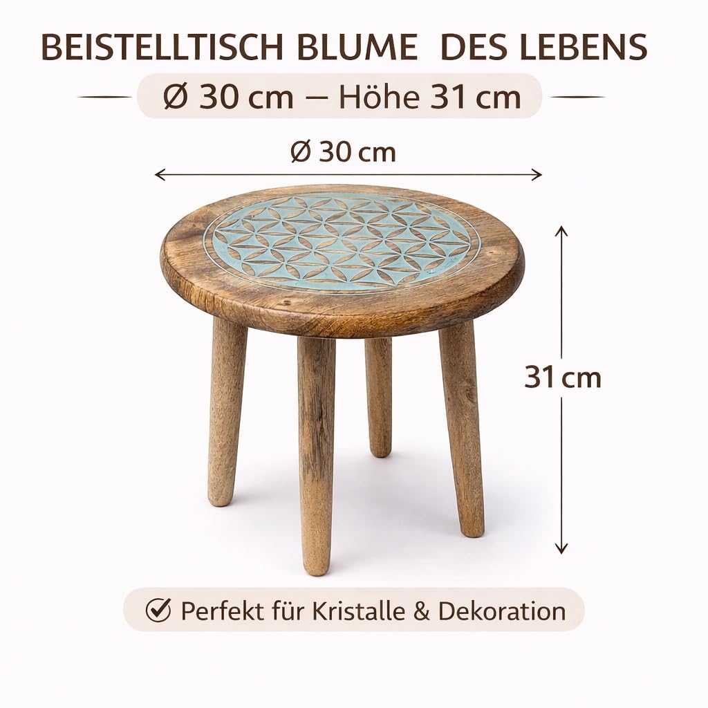 Table d'Appoint Fleur de Vie Bleu en Bois de Manguier - Ronde - Ø 30 cm x Hauteur 31 cm - 1665 g - Tabouret en Bois avec 4 Pieds - Table Décorative