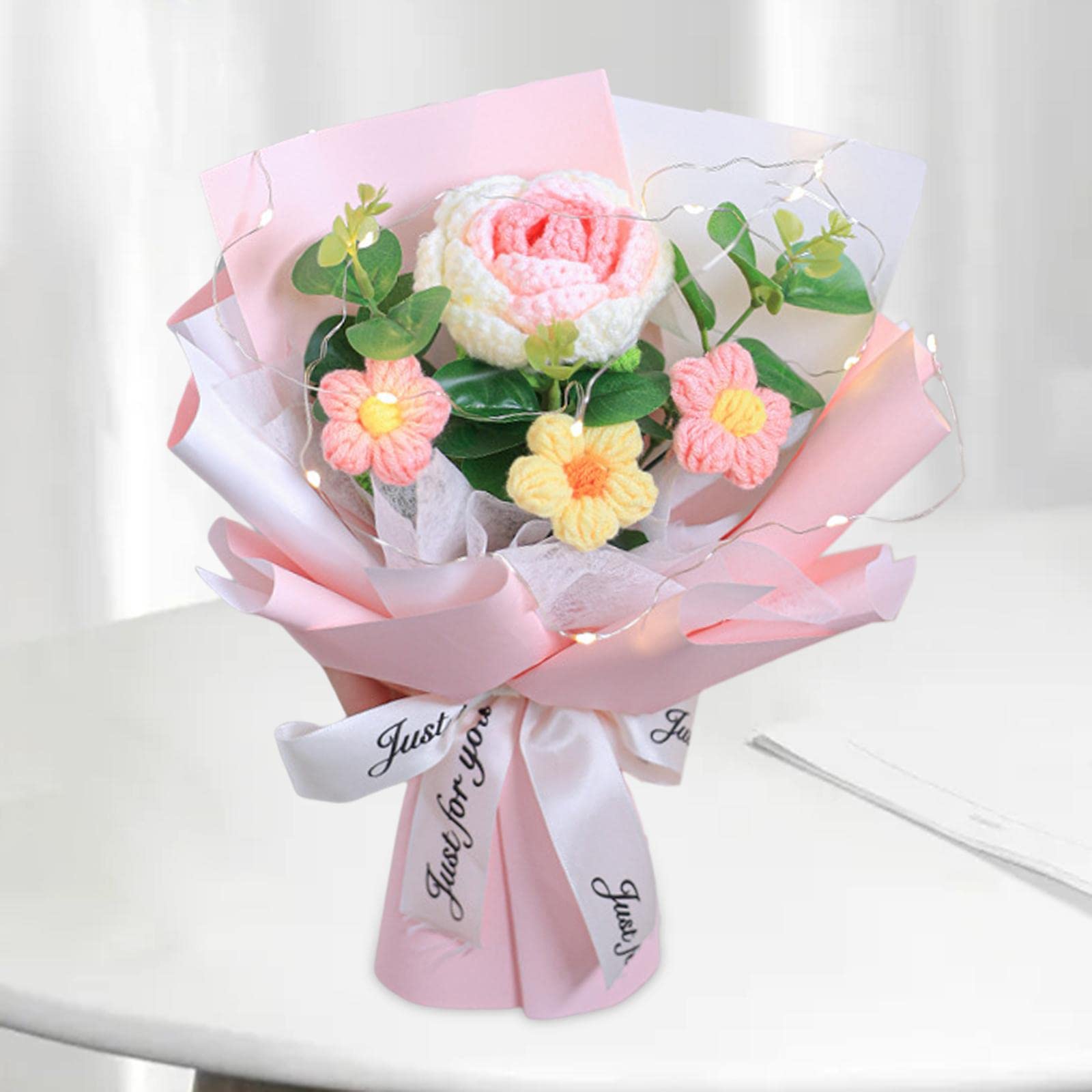 Bouquet de Fleurs Crochet Rose Tissé à la Main Polyvalent Ornement Tricoté Fête des Mères