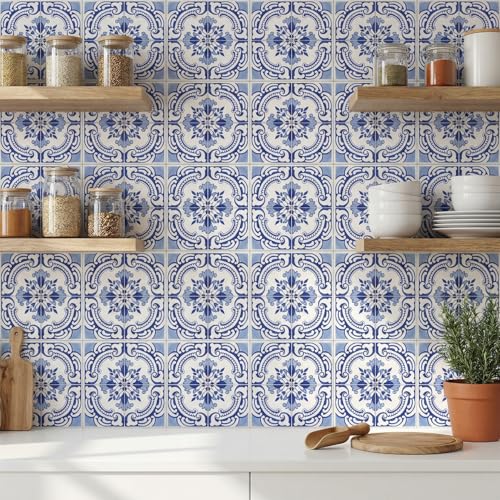 MEIHEA 16 Pack, 5.9 Inch Vintage Tile Stickers, Ornate Blue and White Peel and Stick Vinyl for Backsplash, Stairs, and Furniture (Blue)