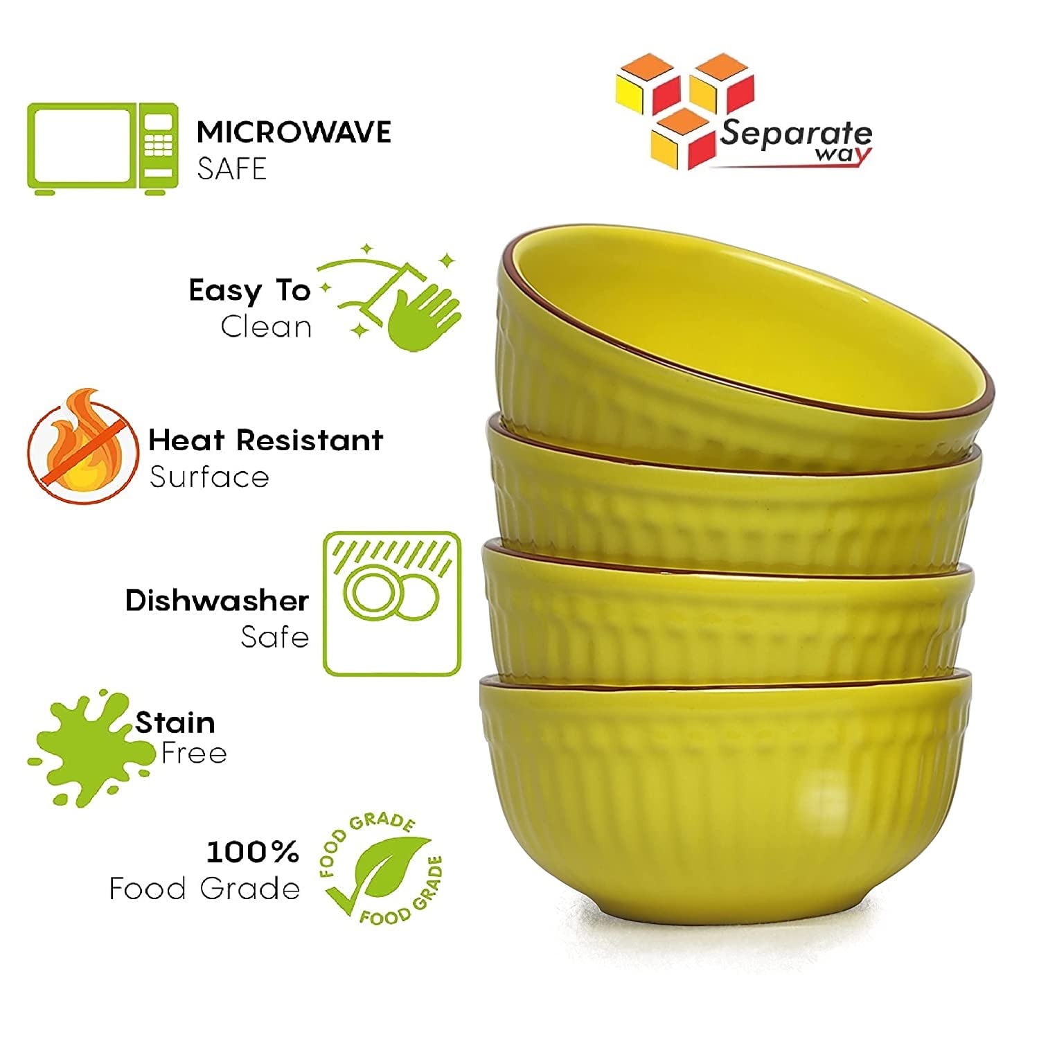 SEPARATE WAY Ceramic Soup Bowls, Cereal Bowl, Dishwasher & Microwave Safe/Serving Bowls for Kitchen, Ideal for Self Use Or Gift for Friends, Anniversary, Birthday (Yellow, Set of 4) 2