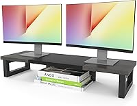 Vista 10 de WESTREE - Soporte elevador para monitor doble, soporte de escritorio multiusos de madera y acero para 2 monitores para computadora, laptop, Marrón